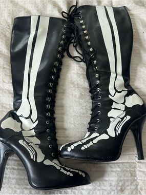 Black Lace-Up Knee-High Boots with White Skeleton Print